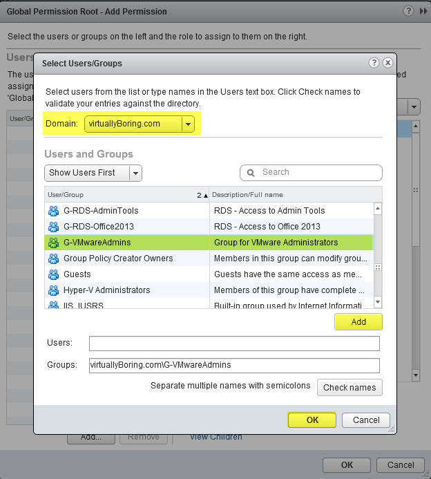 14 VCSA 6 - Global Permissions - Select Users and Groups