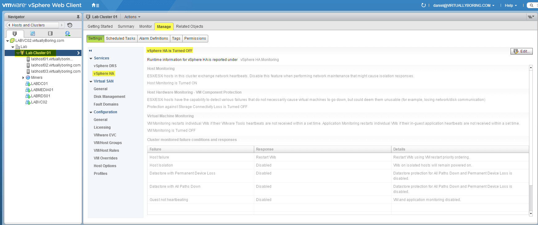 8 VSAN - Ensure HA is turned off