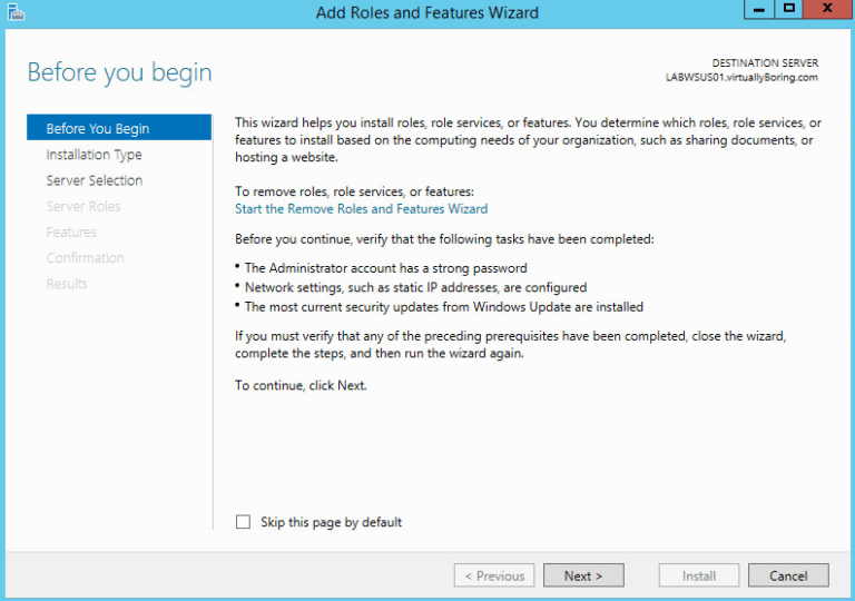 Add Roles and Features Wizard on Windows Server 2012 R2, at the Before You Begin page