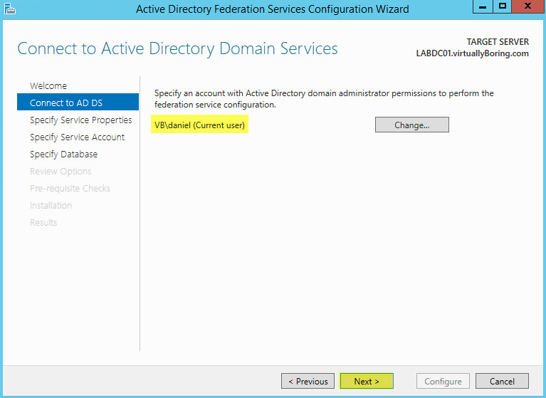 AD FS Configuration 12 - Connect to AD DS