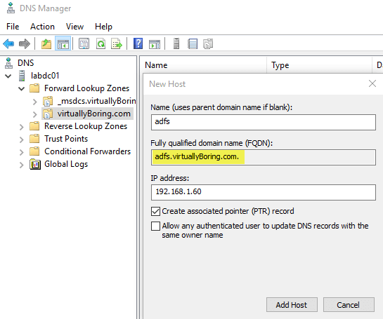 AD FS Configuration 13-1 - Ensure DNS record for ADFS name