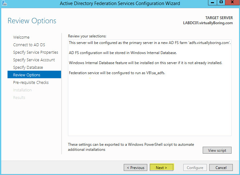 AD FS Configuration 16 - Review Options