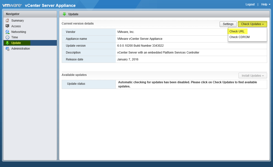 Update VCSA 2 - CheckURL for Updates