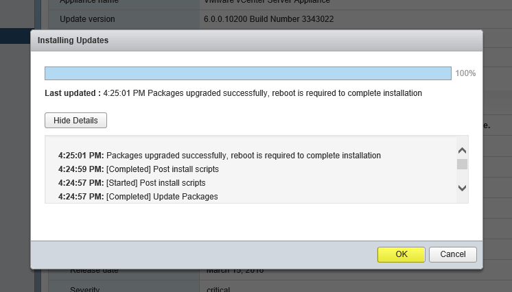 Update VCSA 6 - Update Completed