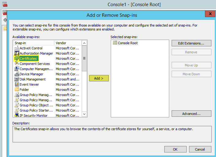WAP Import Certificate 2 - Add Certificate Snapin