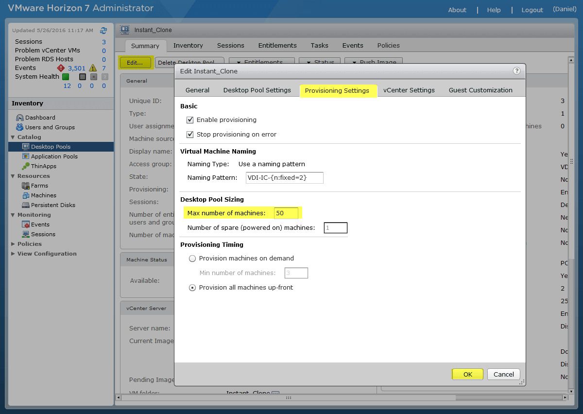 18 View Instant Clone - Increase Pool Size