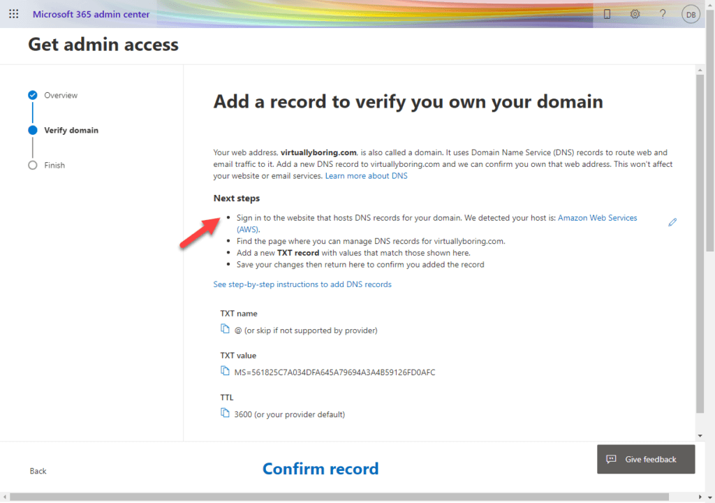 Add DNS record to verify you own your domain