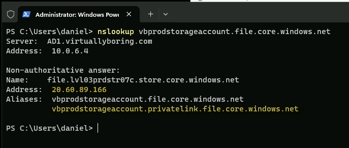 nslookup result showing storage account resolving to public IP before fix