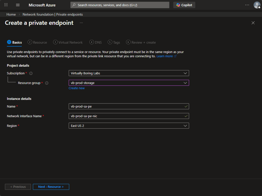 Basics tab filled in: endpoint named vb-prod-sa-pe, NIC named vb-prod-sa-pe-nic, deployed to East US 2 into the vb-prod-storage resource group.