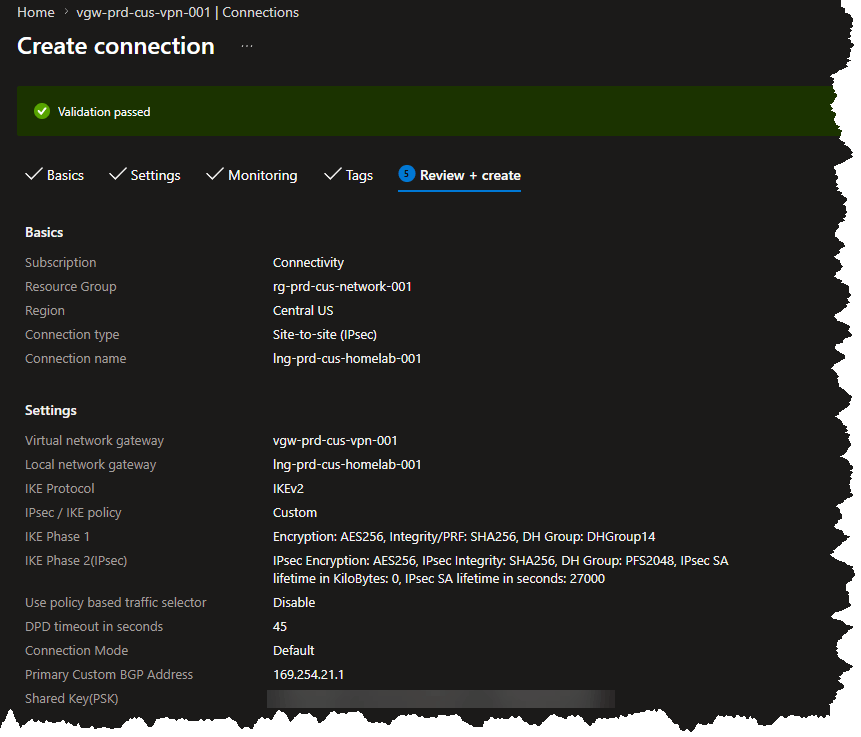 Central US Site-to-Site VPN connection (conn-prd-cus-to-homelab-001) settings in the Azure portal