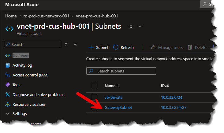 Create GateWaySubnet on Hub Virtual Network